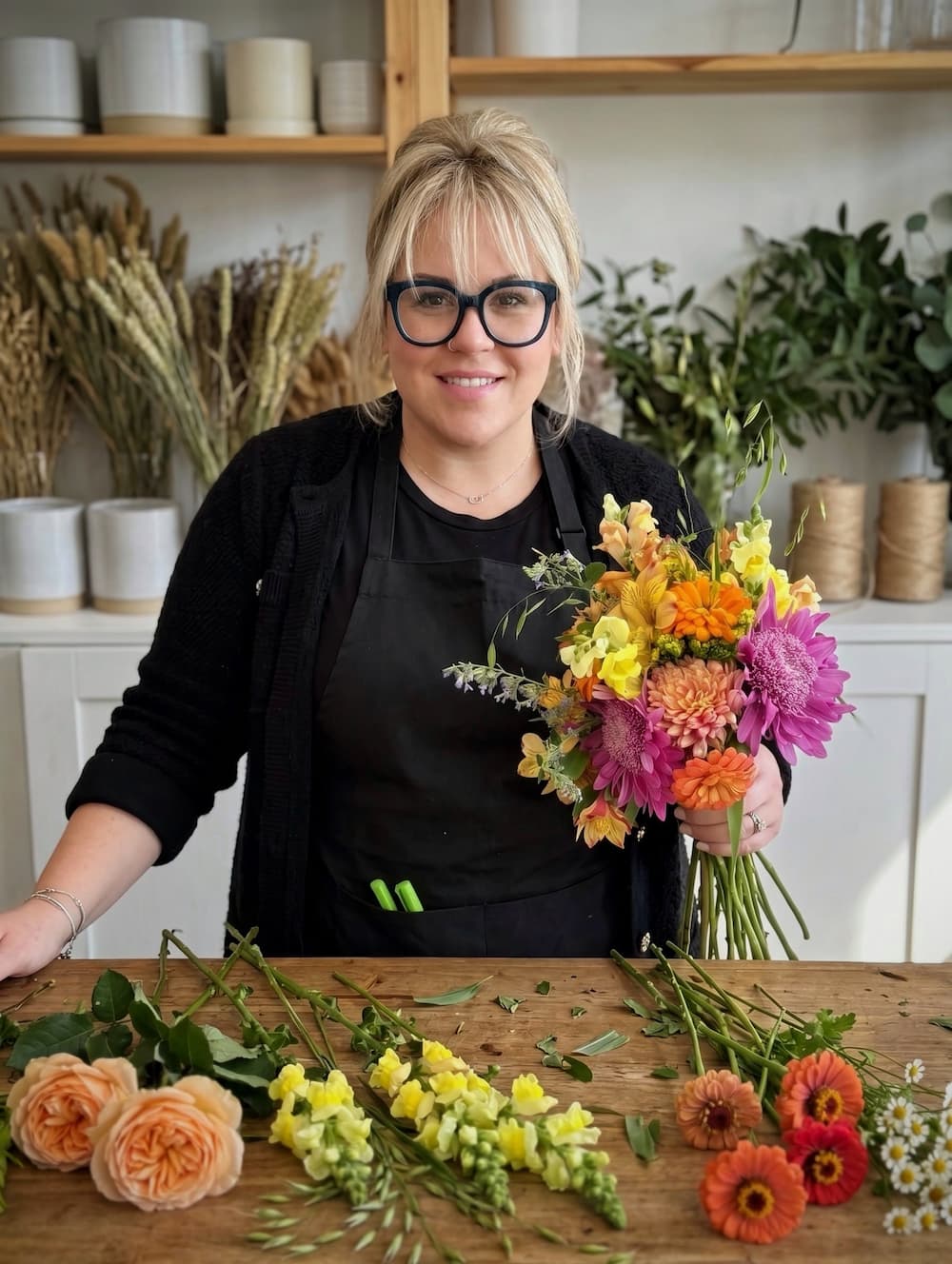 A smiling blonde woman wearing glasses and a black apron stands behind a wooden table, holding a colorful bouquet of flowers. More flowers are laid out on the table, with shelves of dried plants and greenery in the background. Andrea from Peach & Bloom