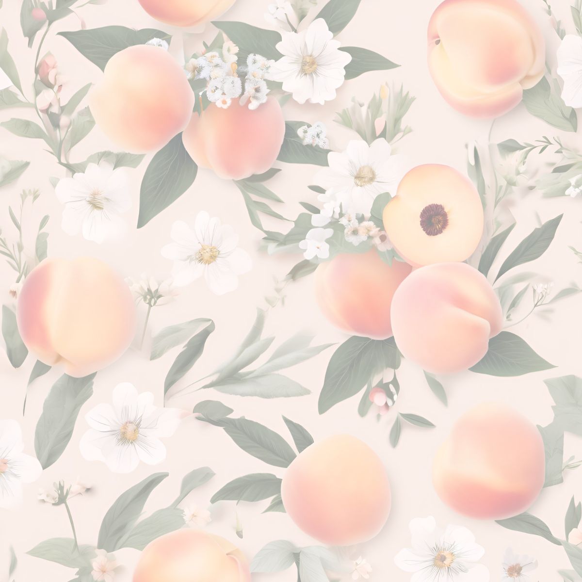 A soft pastel floral pattern featuring peach fruits, green leaves, and small white flowers on a pale cream background.