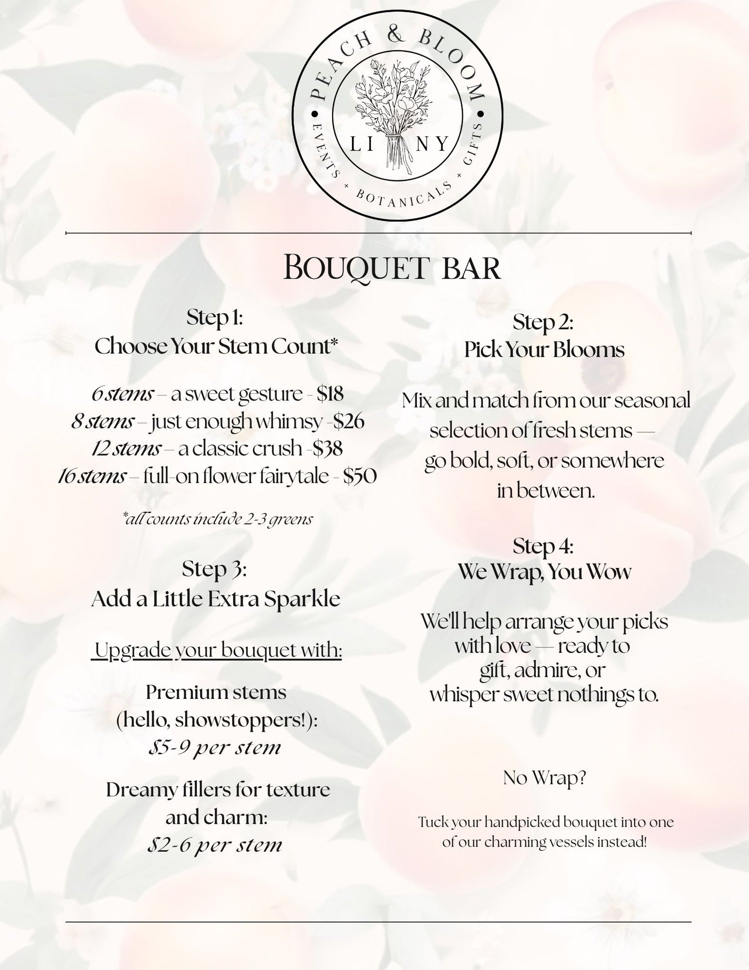 A printed bouquet bar pricing and selection guide from Peach & Bloom Botanica, featuring a circular logo at the top and sections detailing pricing and descriptions for different flower stems and arrangements.