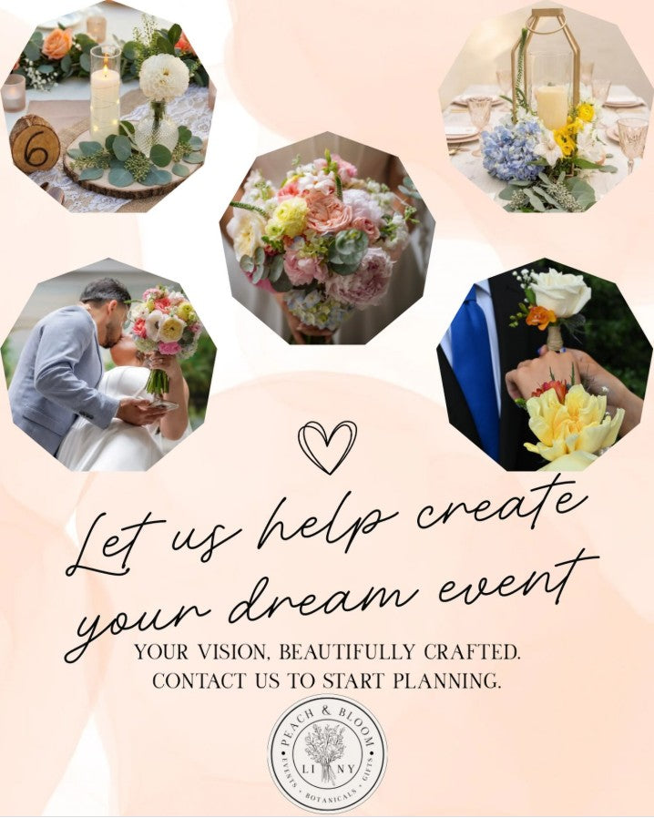 Promotional graphic for an event planning service, featuring five octagonal photos of wedding decorations, floral arrangements, and a couple embracing, with the text 'Let us help create your dream event' and a circular logo for 'Patch & Brush Event Planning & Design'. Peach & bloom events in Long Island.