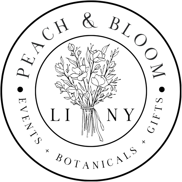 A circular black and white logo for 'Peach & Bloom' featuring an illustration of a floral bouquet in the center, with 'LI NY' written below, and the words 'EVENTS', 'BOTANICALS', and 'GIFTS' arranged around the border.
