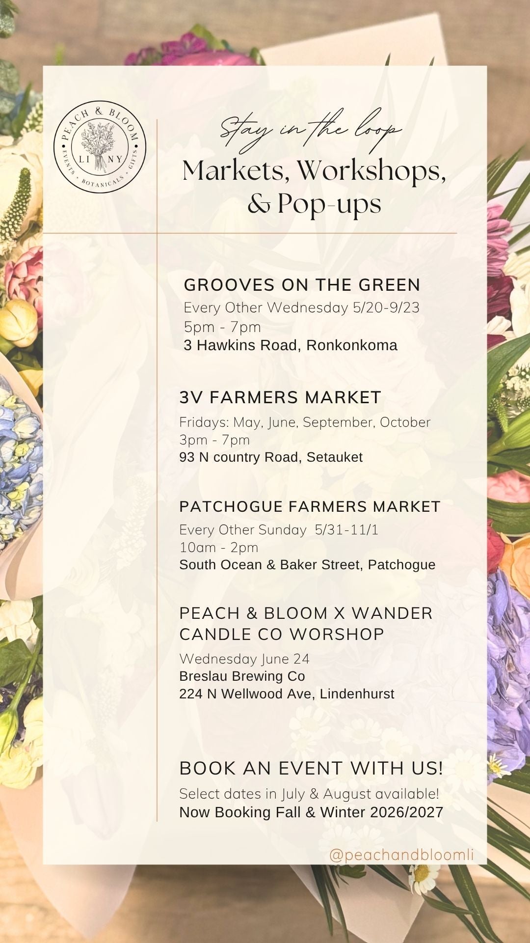 A digital flyer or social media post for 'Fresh & Beige Agricultural Exhibition' featuring an event calendar titled 'Stay in the loop: Markets, Workshops, & Pop-ups'. The flyer has a cream background with black text and is framed by a colorful floral border at the edges. Upcoming Evets from Peach & Bloom